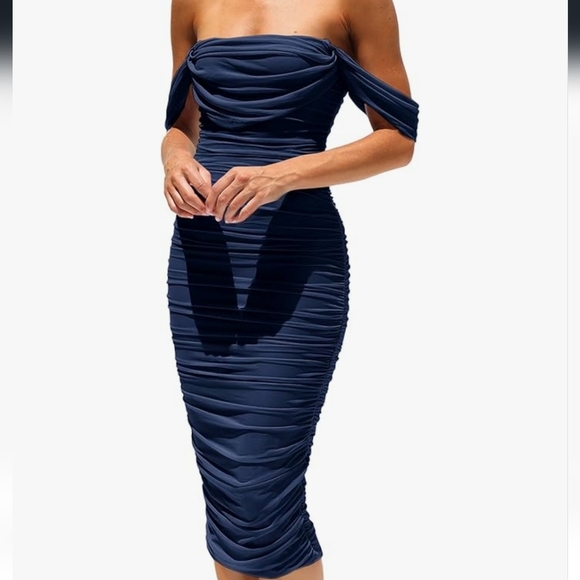 Elegant Navy Off-Shoulder Dress NWT - Picture 1 of 16